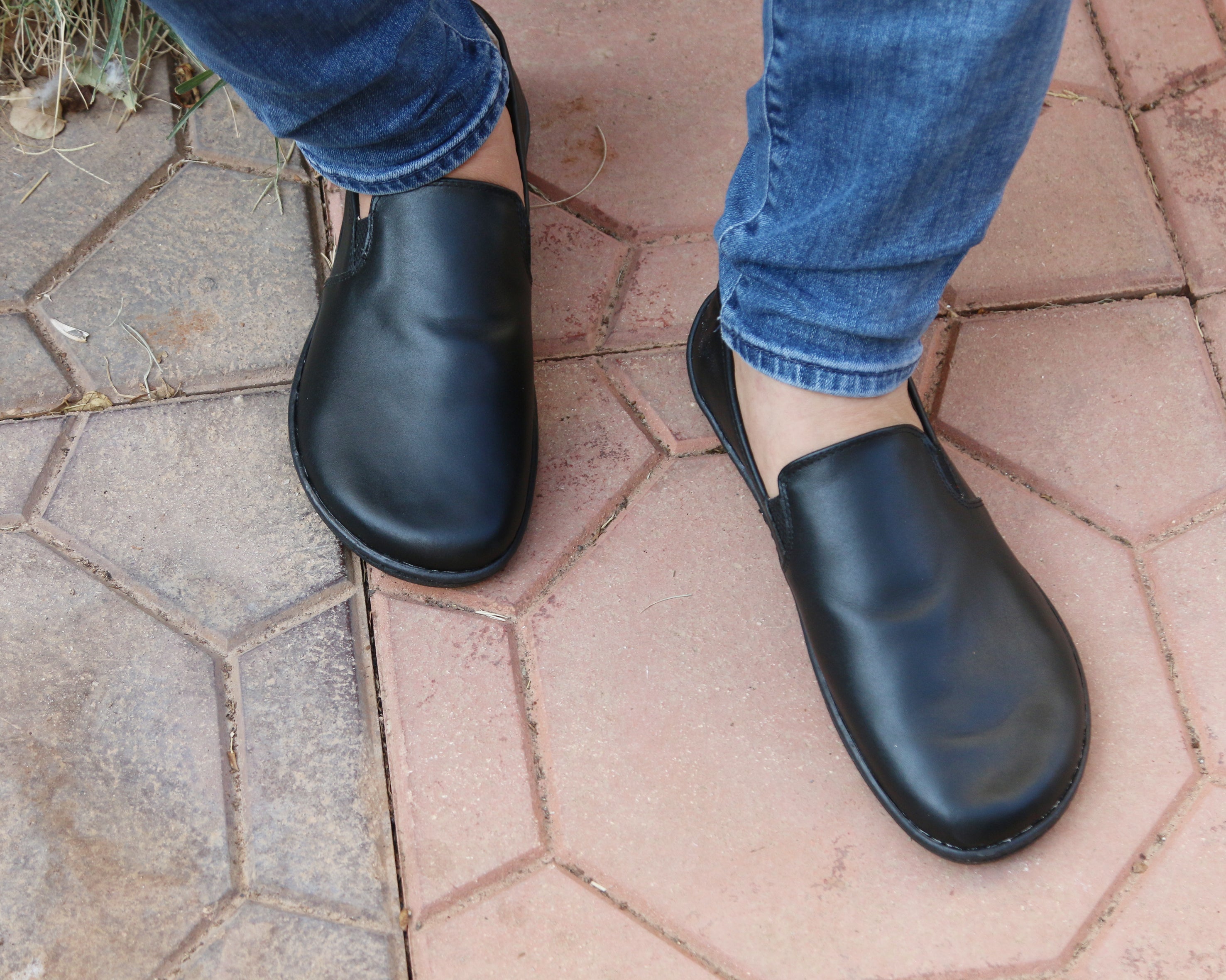 Black Slip-On Wide Barefoot Shoes Smooth Leather Handmade 6mm Rubber Outsole Slip-On Rubber Outsole