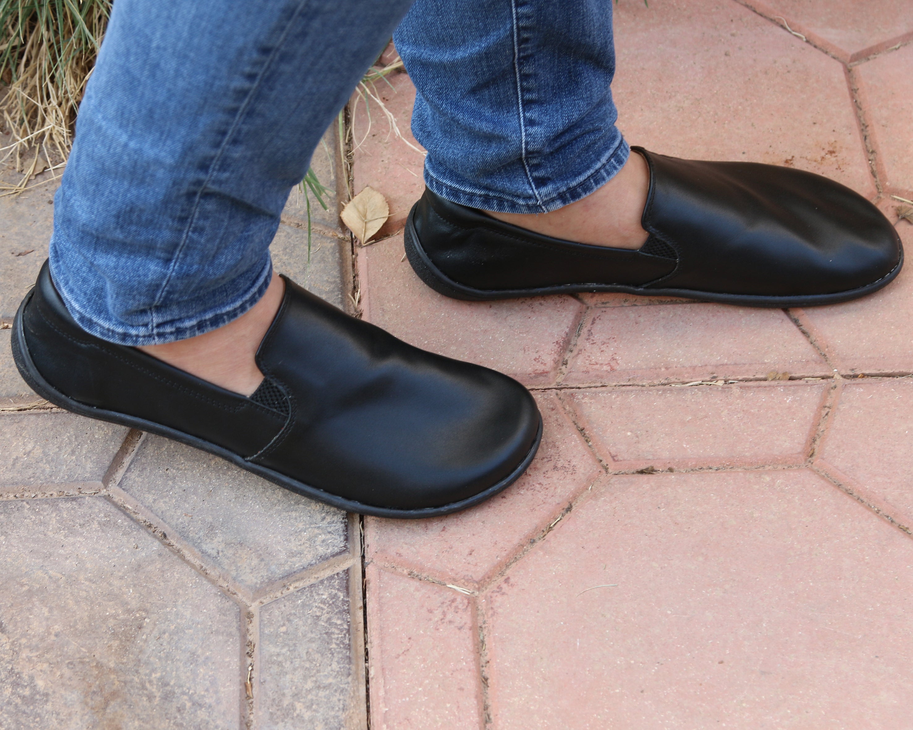 Black Slip-On Wide Barefoot Shoes Smooth Leather Handmade 6mm Rubber Outsole Slip-On Rubber Outsole
