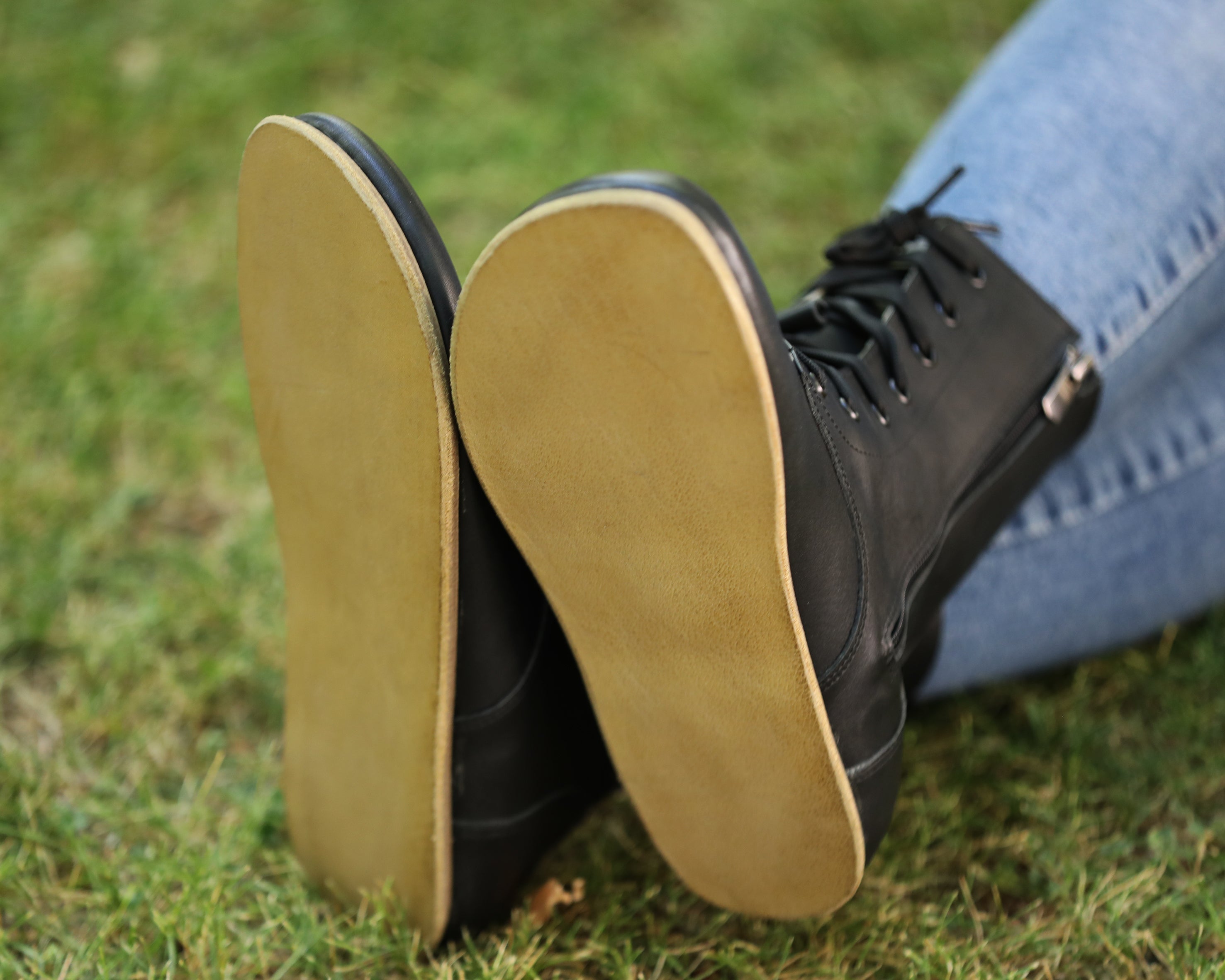 Black Long Boots Wide Barefoot Smooth Leather Handmade Shoes Long Boots Leather Outsole