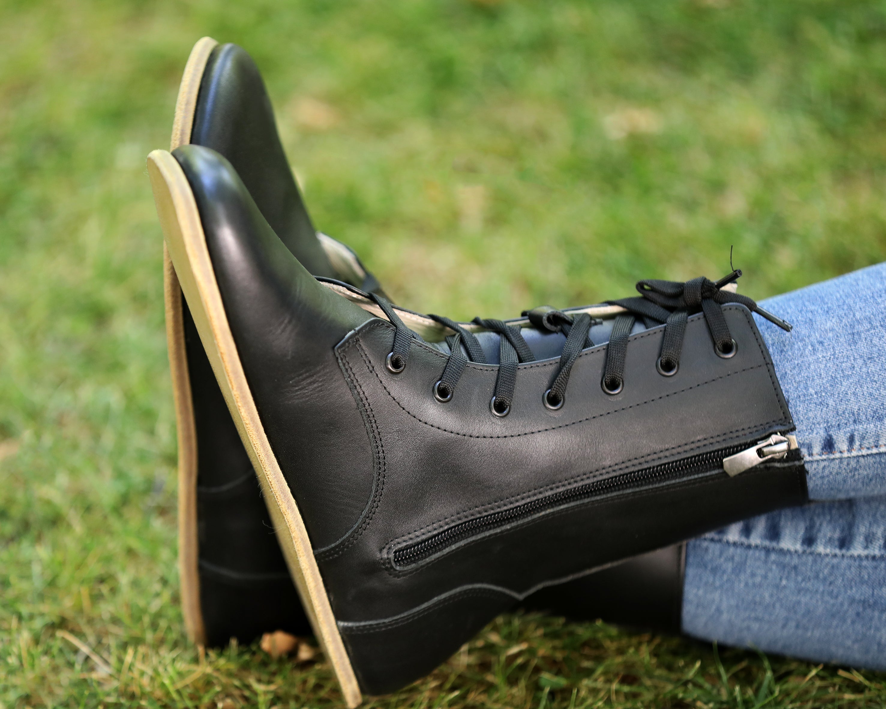 Black Long Boots Wide Barefoot Smooth Leather Handmade Shoes Long Boots Leather Outsole