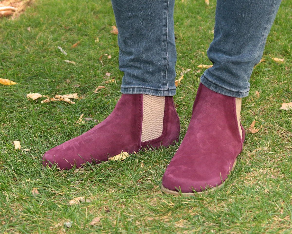 Nubuck Barefoot Chelsea Boots Shoes – Classic Sole — Leather Sole – Burgundy