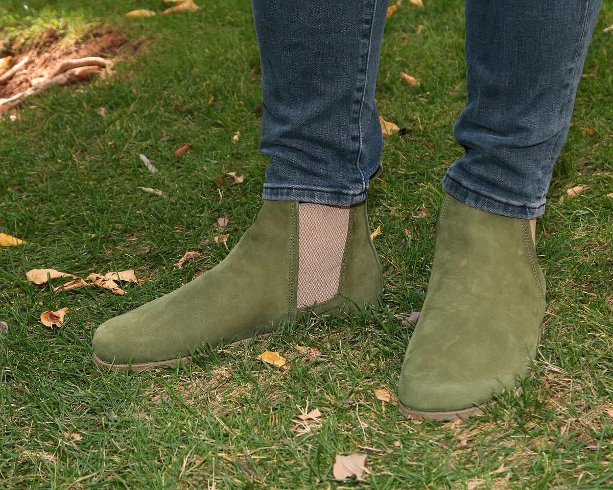 Nubuck Barefoot Chelsea Boots Shoes – Classic Sole — Leather Sole – Green