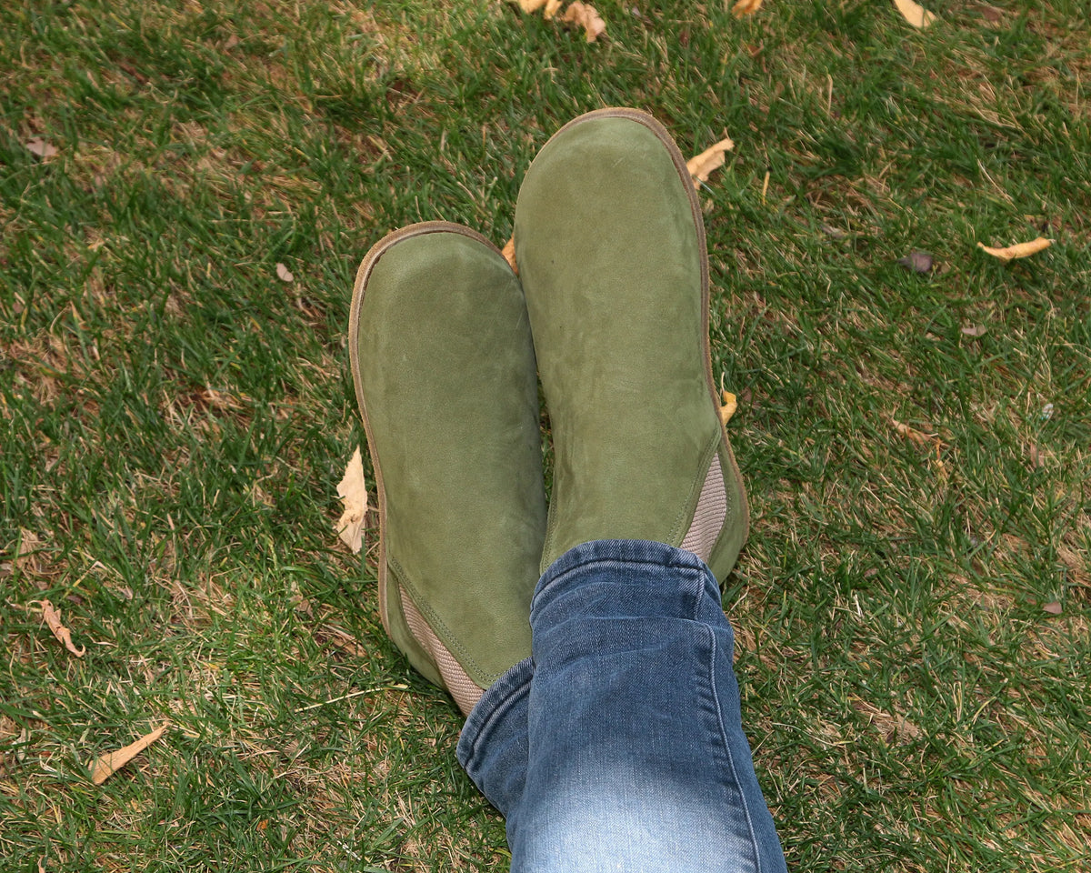 Nubuck Barefoot Chelsea Boots Shoes – Classic Sole — Leather Sole – Green