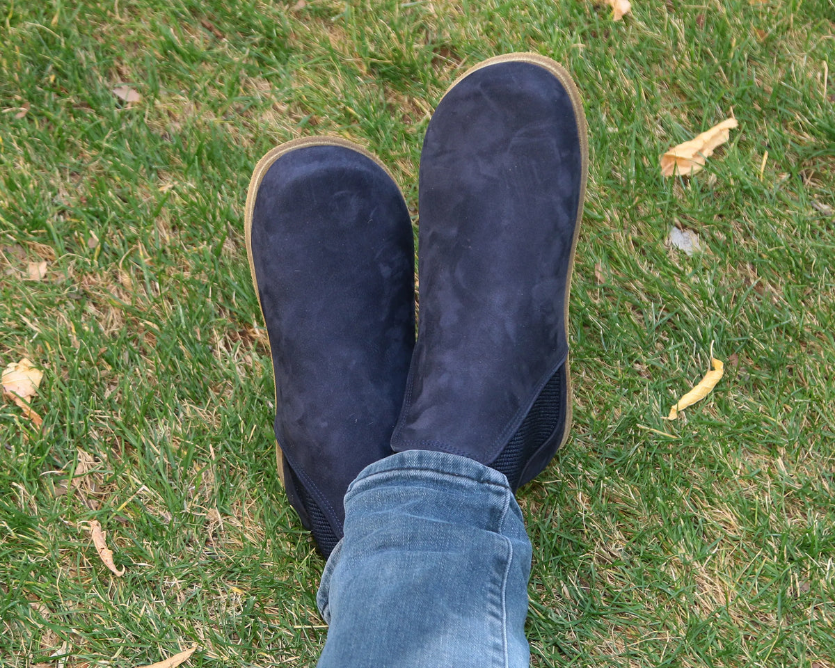 Nubuck Barefoot Chelsea Boots Shoes – Classic Sole — Leather Sole – Navy Blue