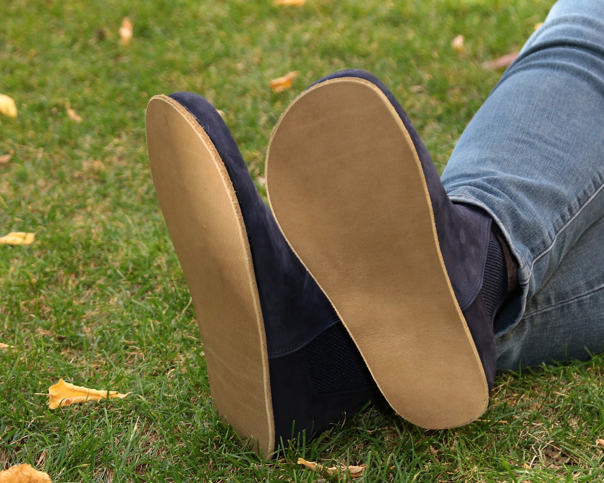 Nubuck Barefoot Chelsea Boots Shoes – Classic Sole — Leather Sole – Navy Blue