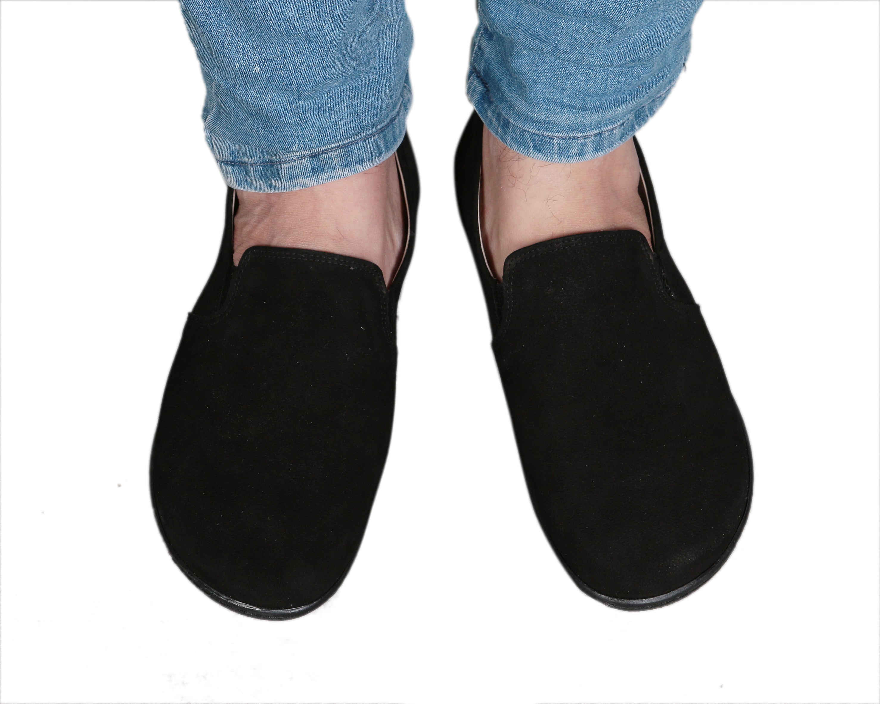 Black Slip-On Wide Barefoot Shoes Nubuck Leather Handmade 6mm Rubber Outsole Slip-On Rubber Outsole