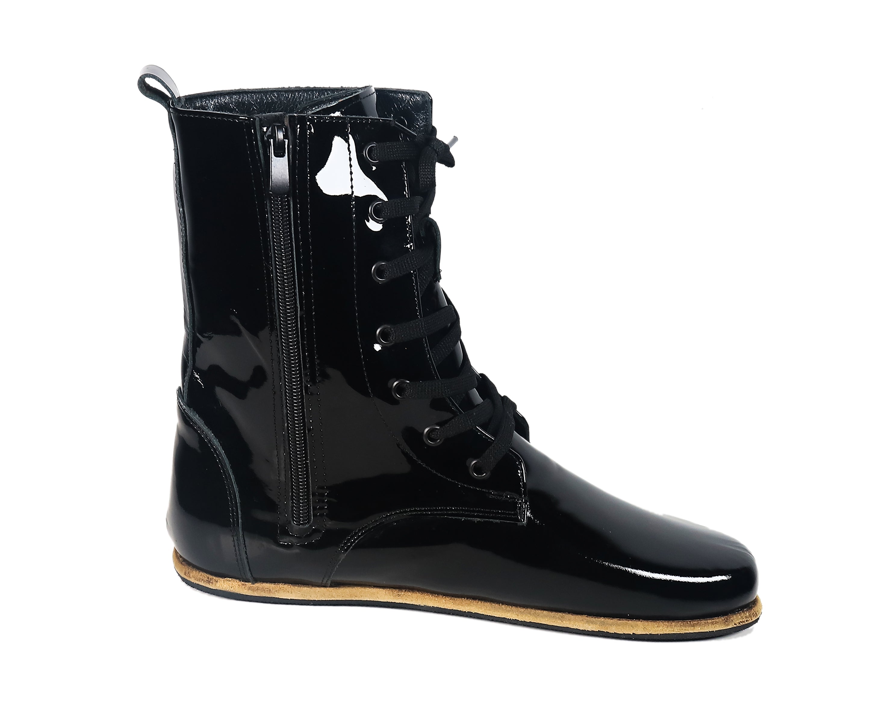 Black Long Boots Wide Barefoot Patent Leather Handmade Shoes Long Boots Leather Outsole