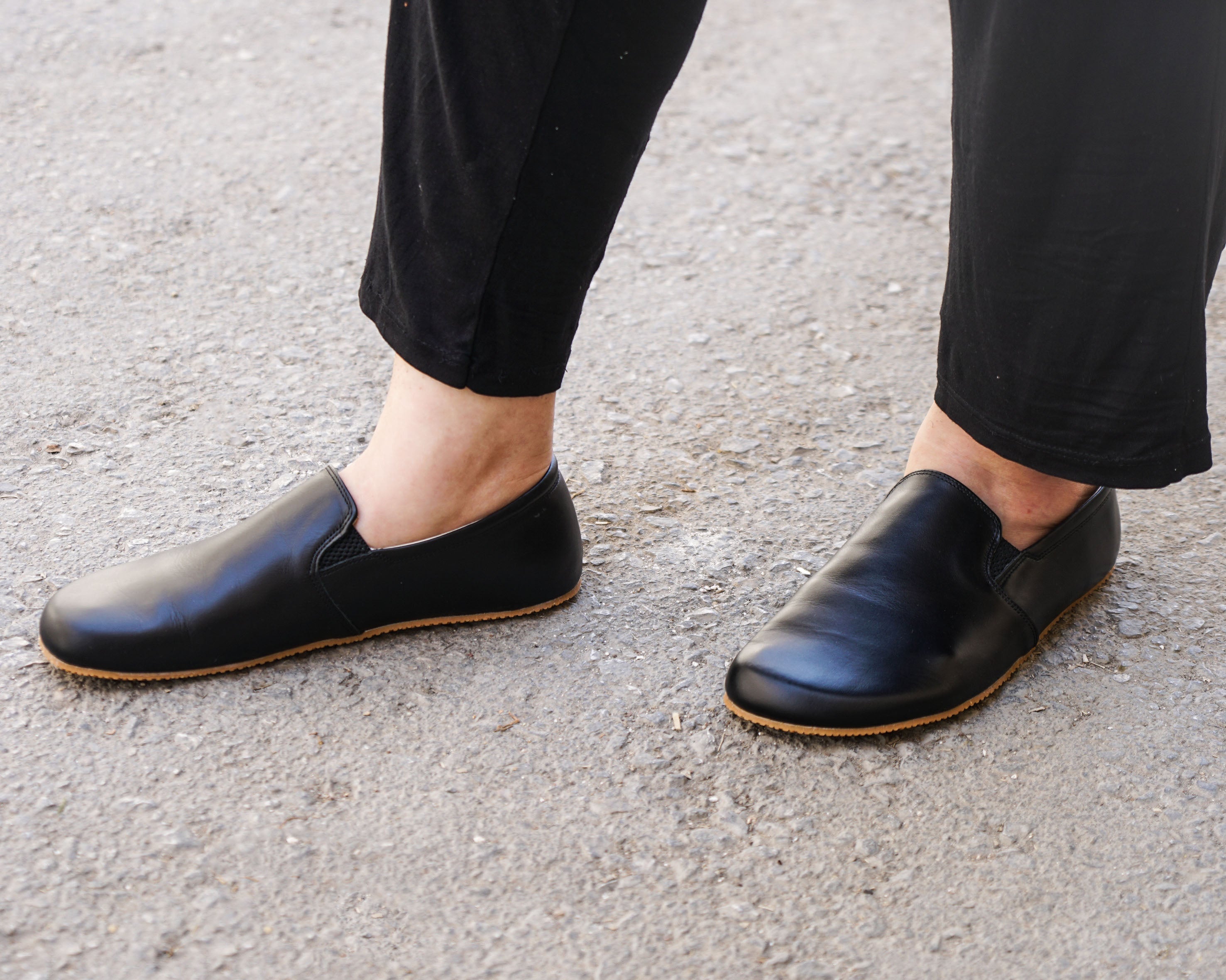 Black Slip-On Wide Barefoot Shoes Smooth Leather Handmade 4mm Rubber Outsole Slip-On Rubber Outsole