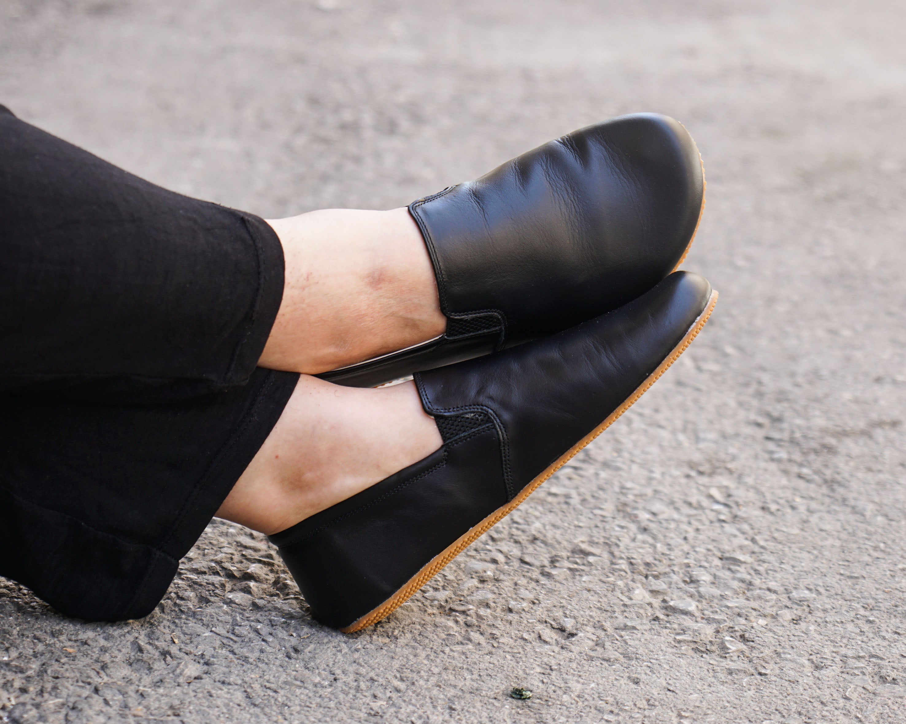 Black Slip-On Wide Barefoot Shoes Smooth Leather Handmade 4mm Rubber Outsole Slip-On Rubber Outsole