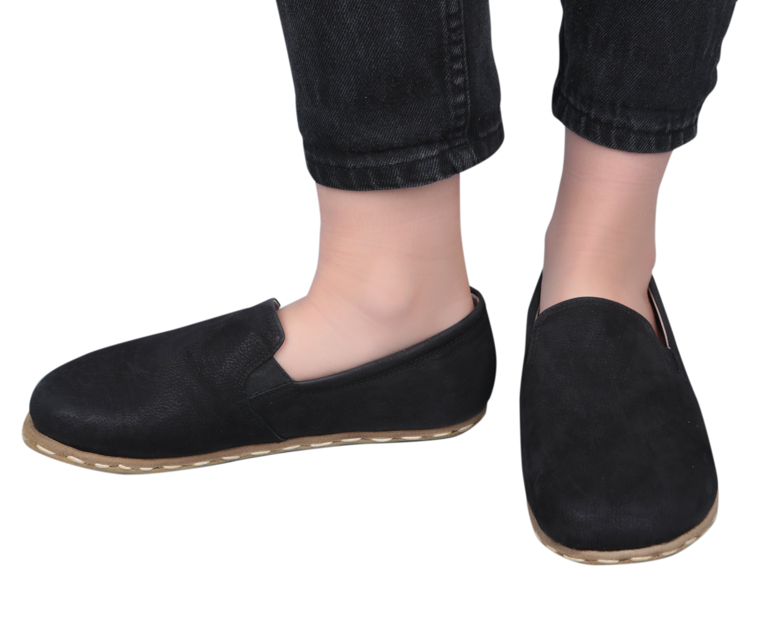Black Slip-On Wide Barefoot Nubuck Leather Handmade Sport Shoes Slip-On Leather Outsole