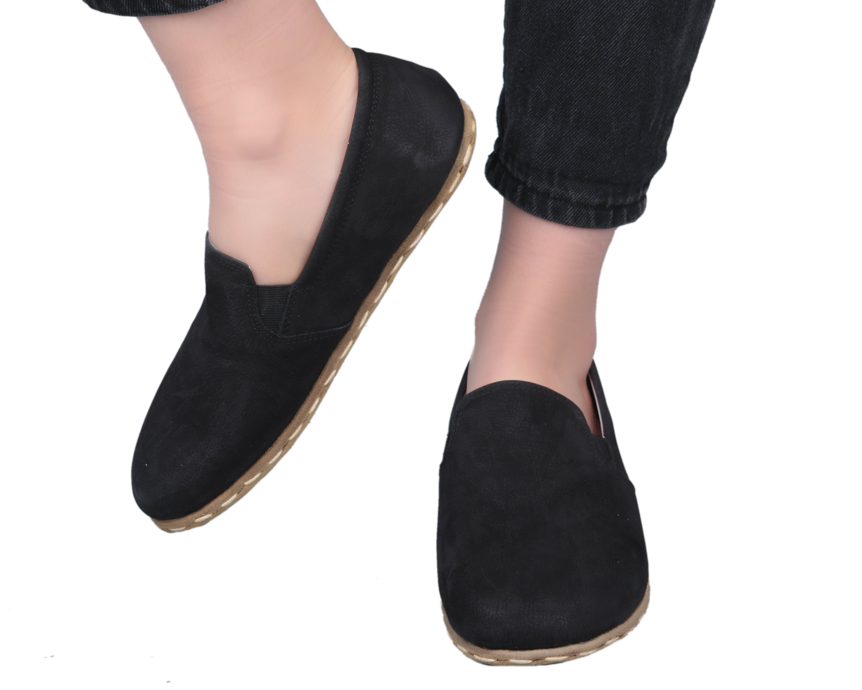 Black Slip-On Wide Barefoot Nubuck Leather Handmade Sport Shoes Slip-On Leather Outsole