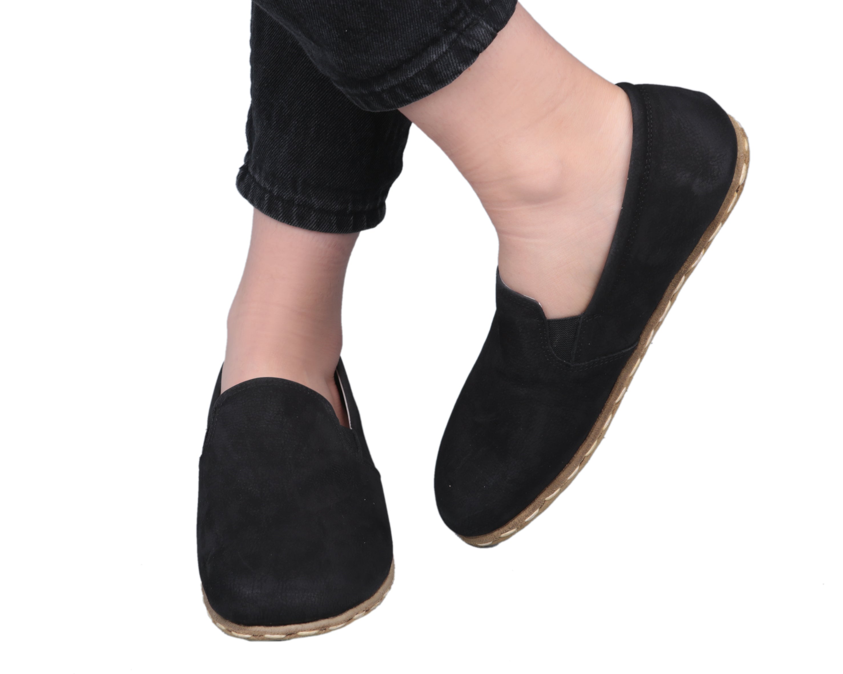 Black Slip-On Wide Barefoot Nubuck Leather Handmade Sport Shoes Slip-On Leather Outsole