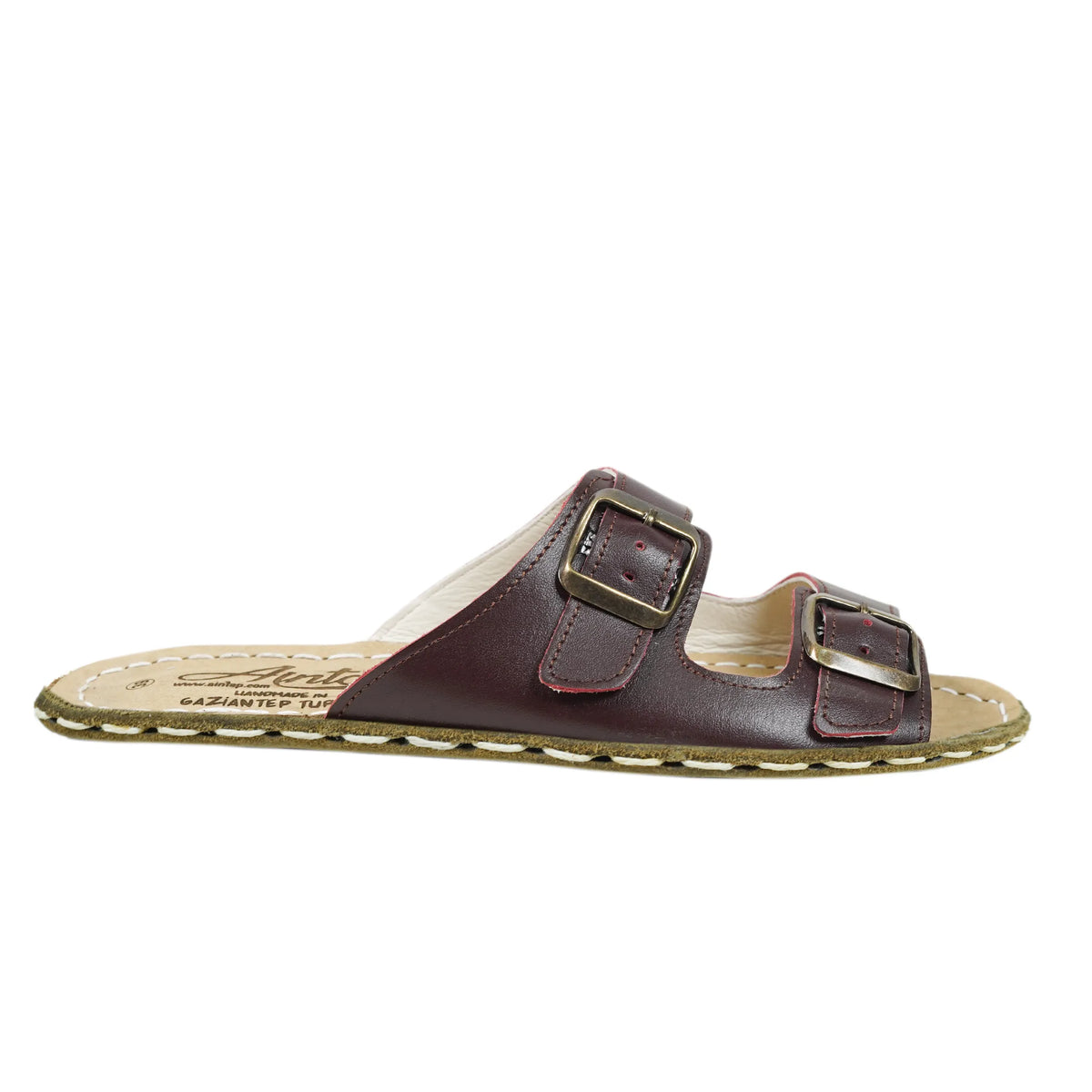 Smooth Barefoot Double Strap Sandals Shoes — Leather Sole – Burgundy