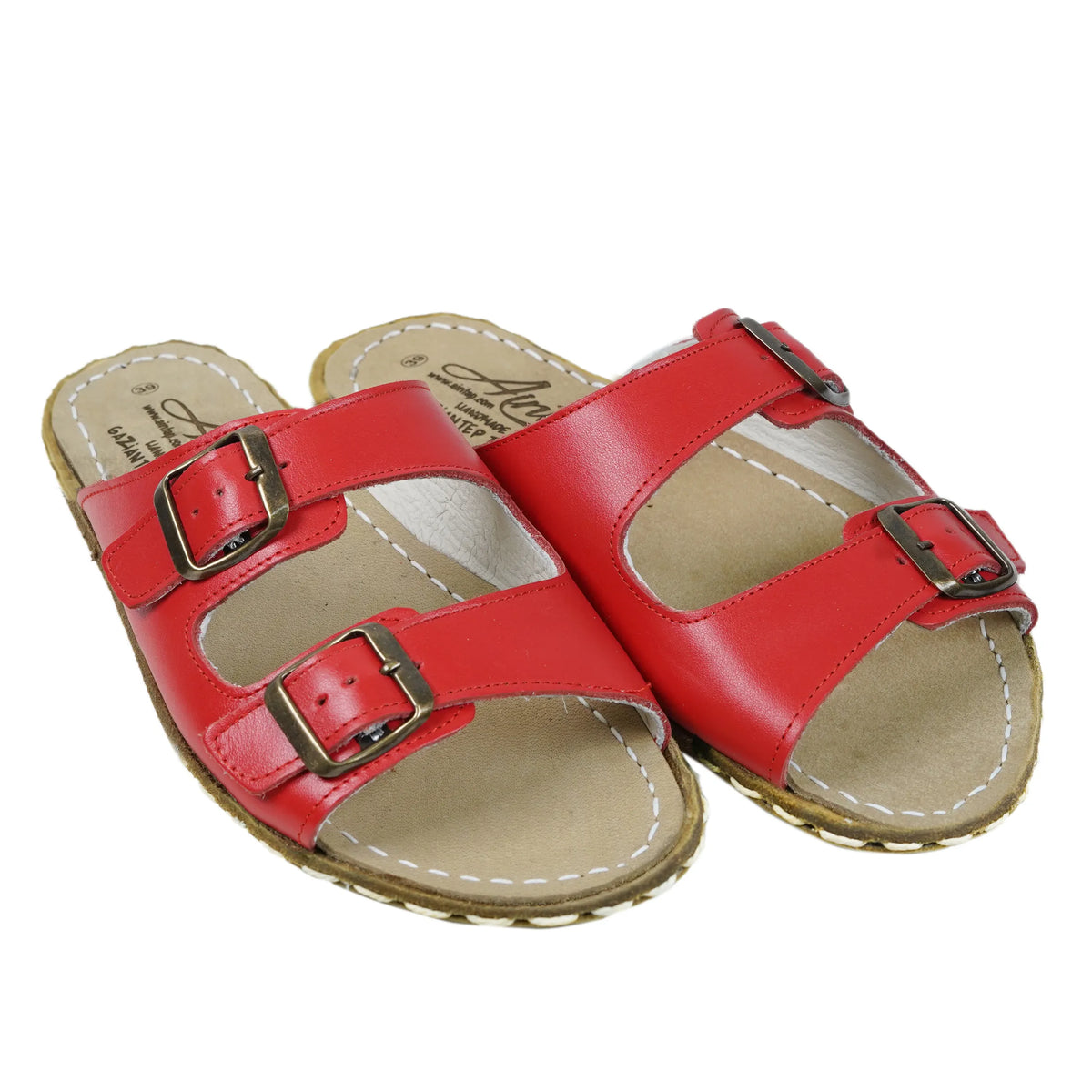 Smooth Barefoot Double Strap Sandals Shoes — Leather Sole – Red