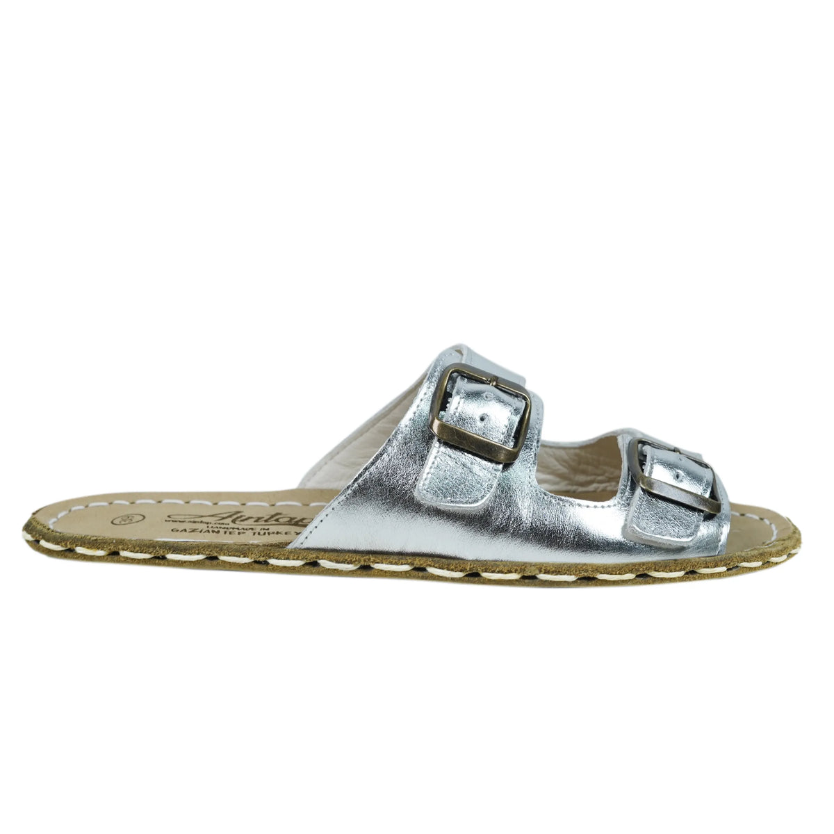 Bright Barefoot Double Strap Sandals Shoes— Leather Sole – Silver
