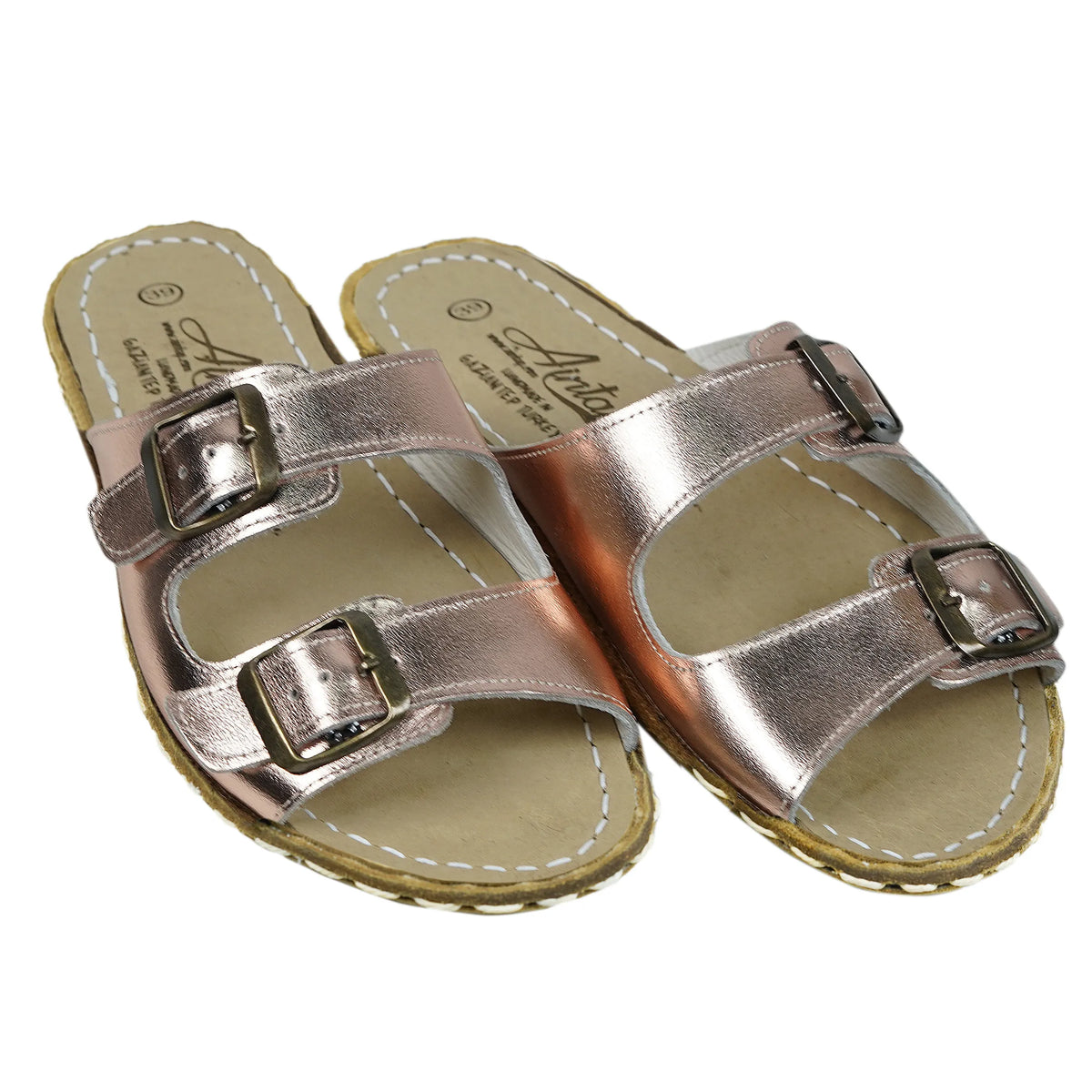 Bright Barefoot Double Strap Sandals Shoes— Leather Sole – Rose Gold
