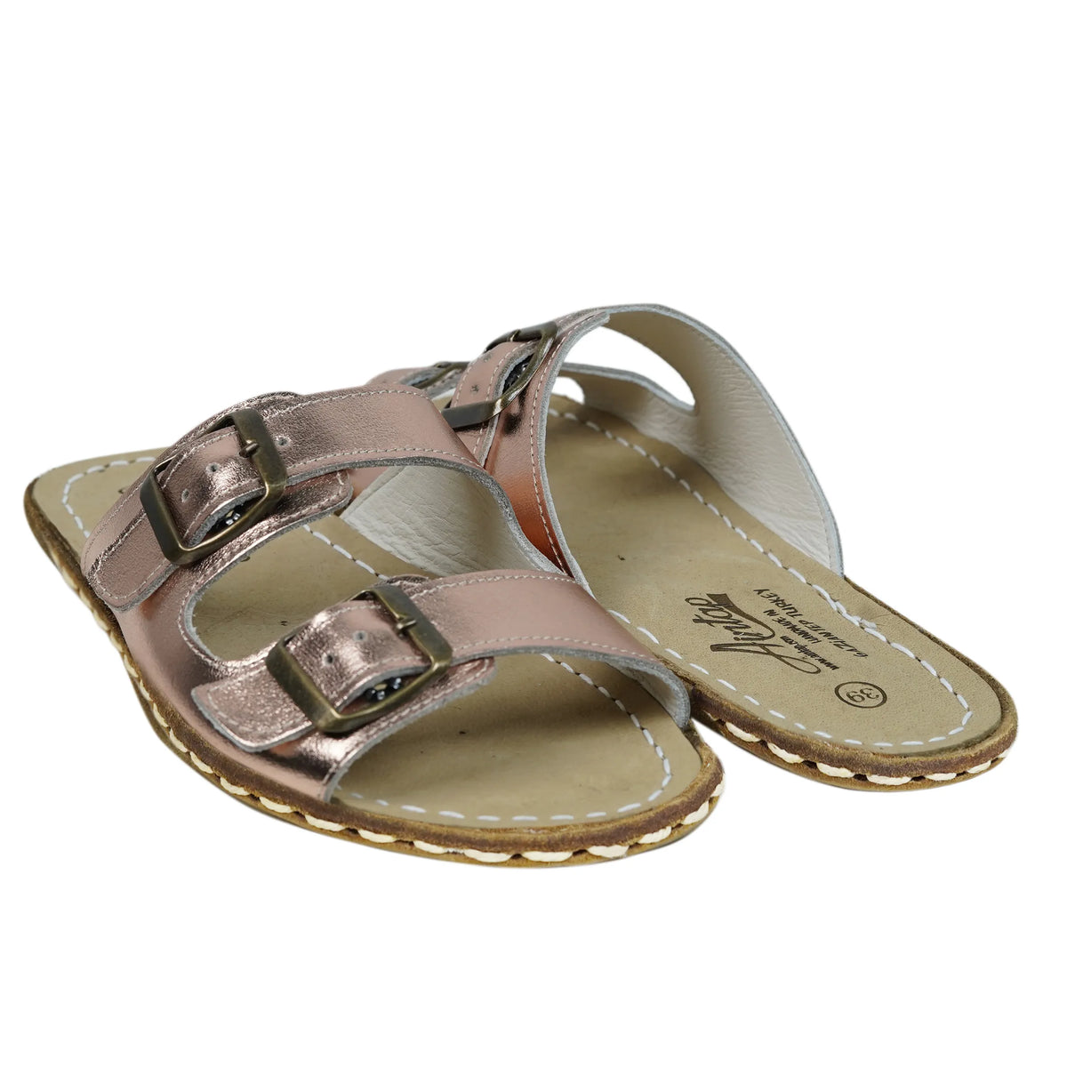 Bright Barefoot Double Strap Sandals Shoes— Leather Sole – Rose Gold