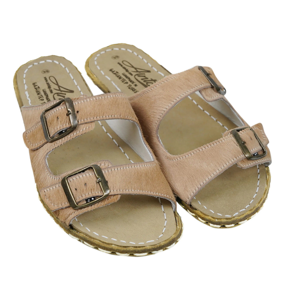 Hair Barefoot Double Strap Sandals Shoes – Leather Sole – Beige Undyed