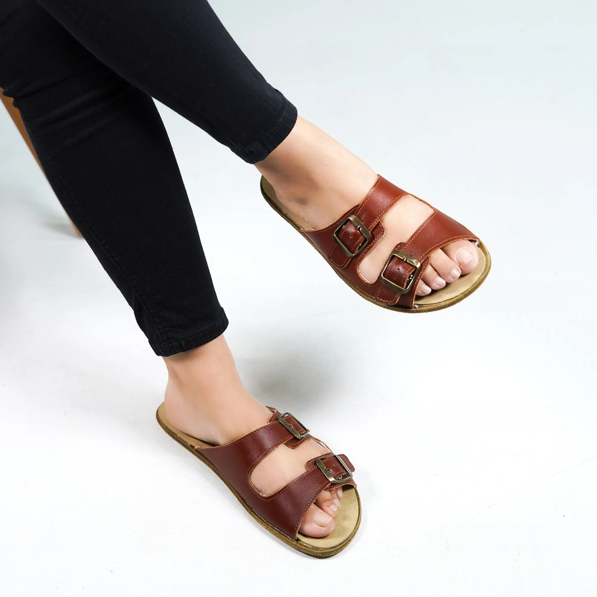 Smooth Barefoot Double Strap Sandals Shoes – Classic Sole — Leather Sole – Brown