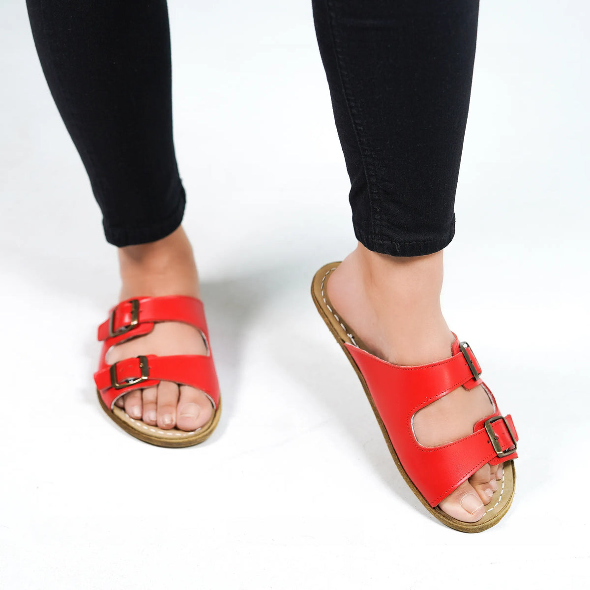 Smooth Barefoot Double Strap Sandals Shoes – Classic Sole — Leather Sole – Red