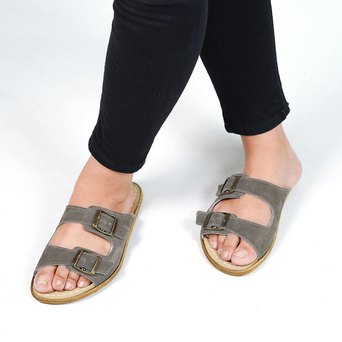 Nubuck Barefoot Double Strap Sandals Shoes – Classic Sole — Leather Sole – Gray