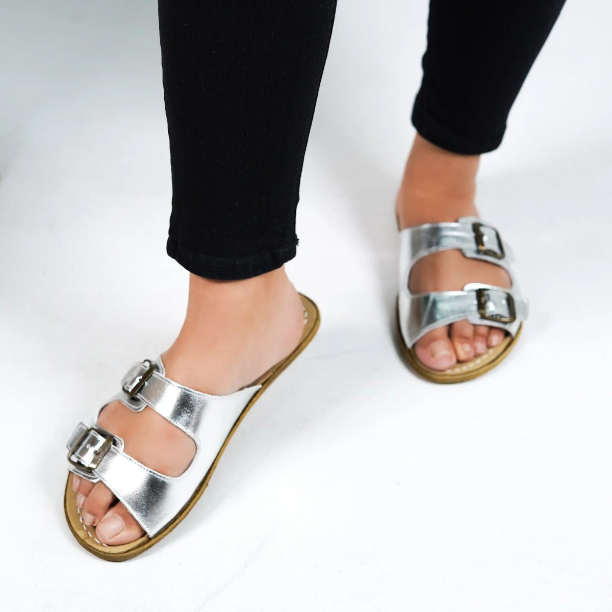 Bright Barefoot Double Strap Sandals Shoes – Classic Sole — Leather Sole – Silver