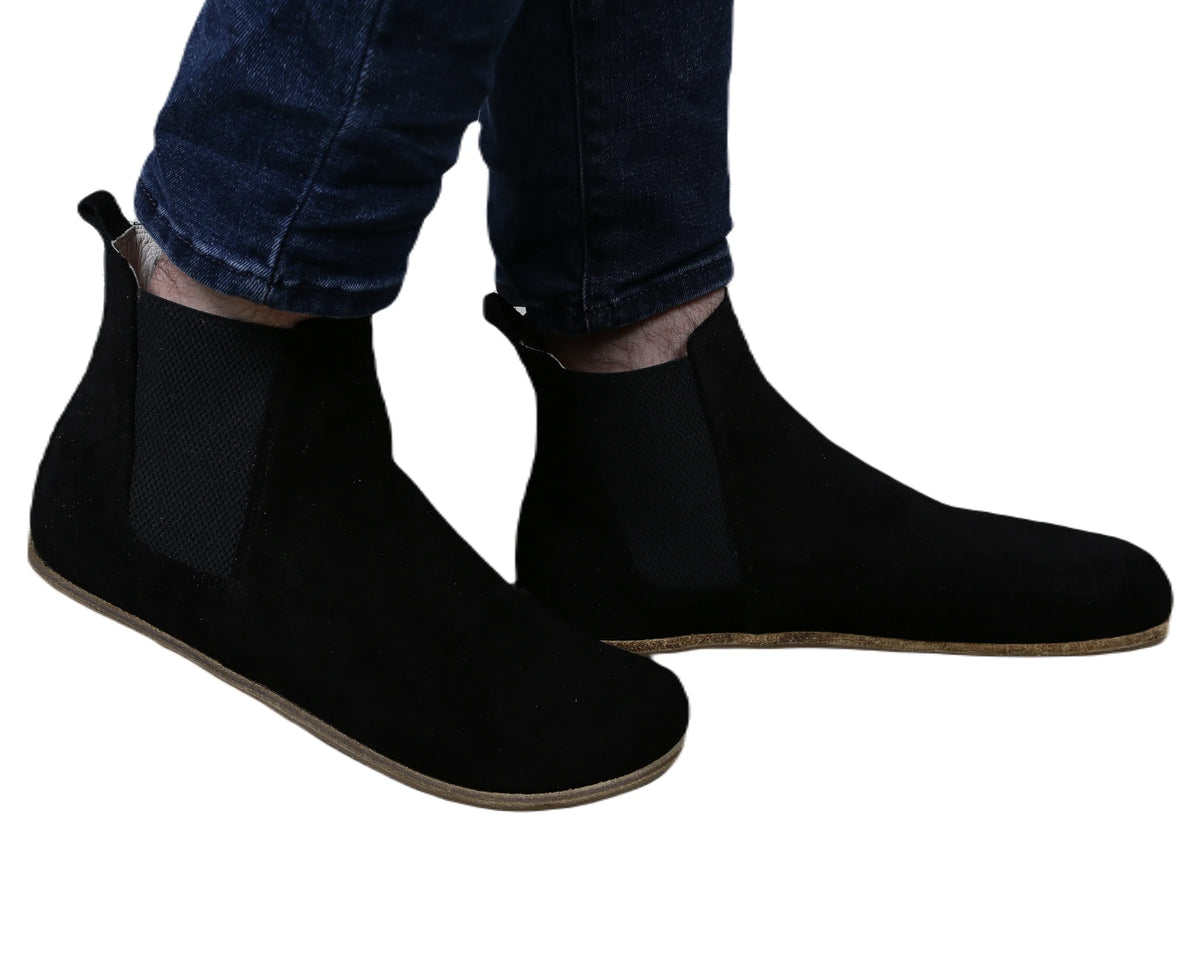 Suede Barefoot Chelsea Boots Shoes – Classic Sole — Leather Sole – Black