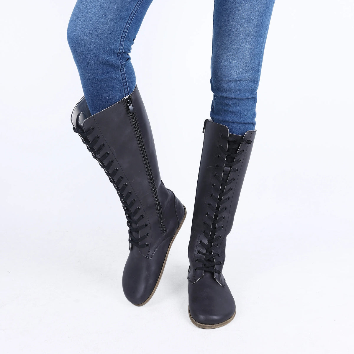 Crazy Barefoot Laces Knee Boots Shoes – Classic Sole — Leather Sole – Black