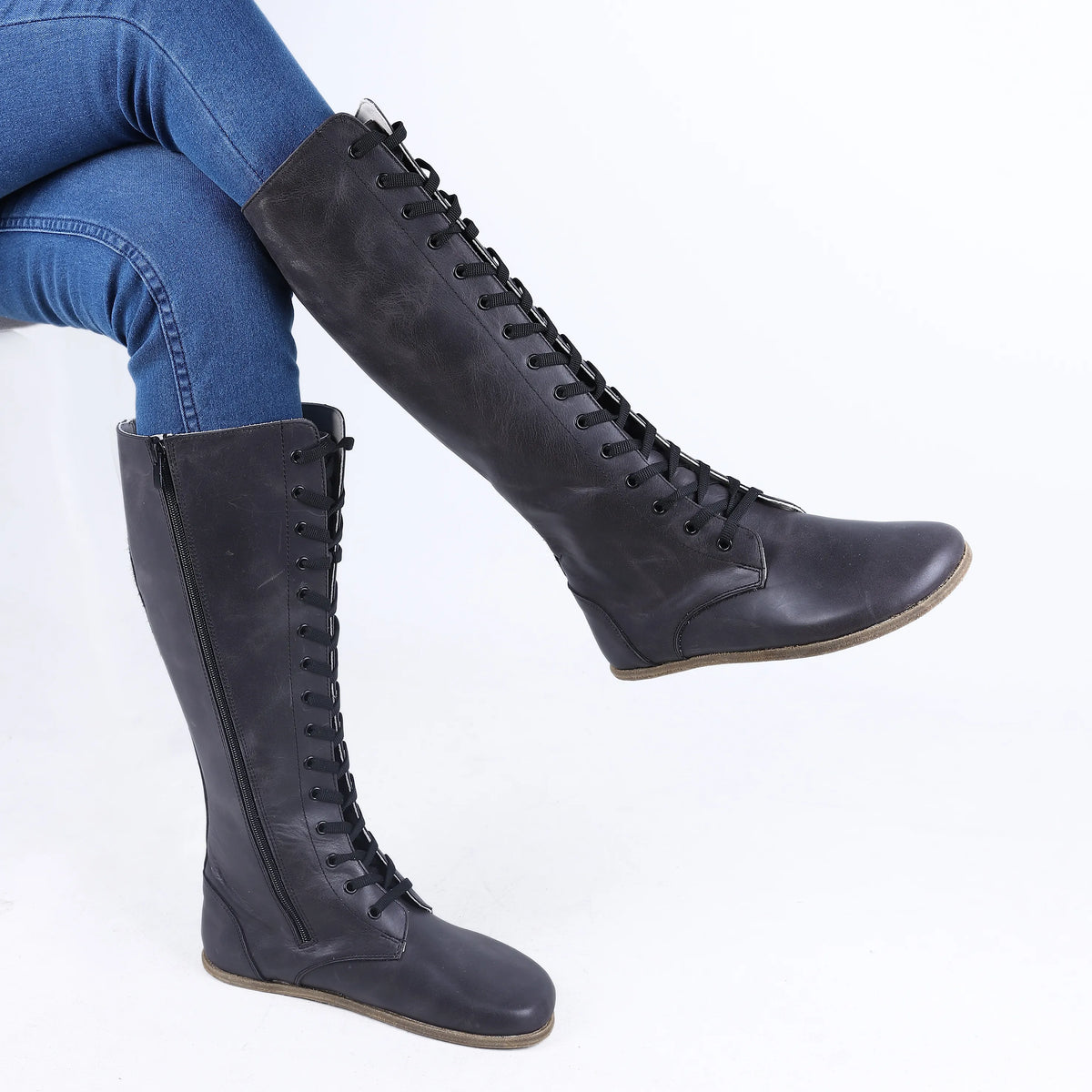 Crazy Barefoot Laces Knee Boots Shoes – Classic Sole — Leather Sole – Black