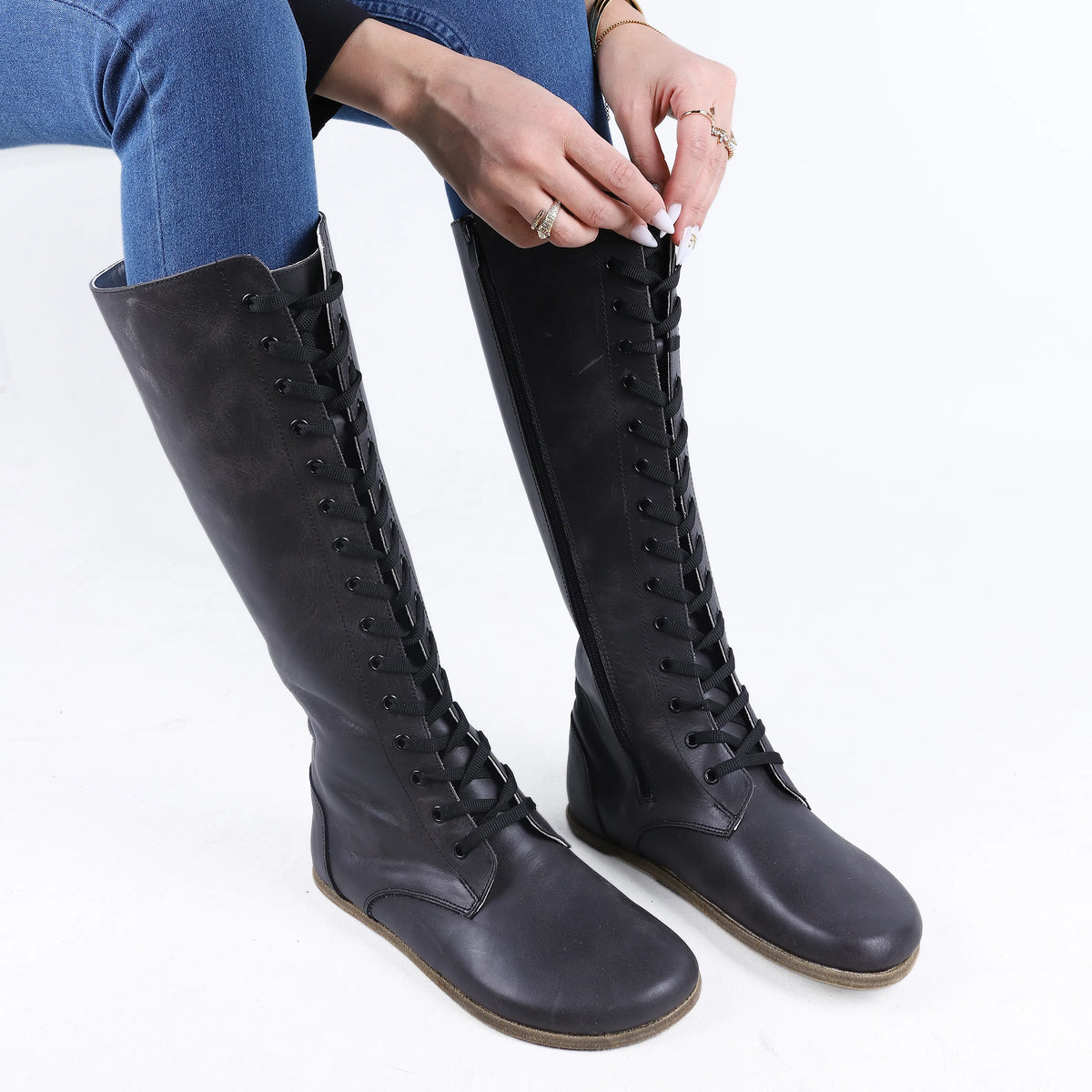 Crazy Barefoot Laces Knee Boots Shoes – Classic Sole — Leather Sole – Black