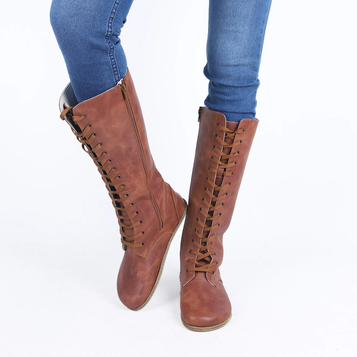 Crazy Barefoot Laces Knee Boots Shoes – Classic Sole — Leather Sole – Brown