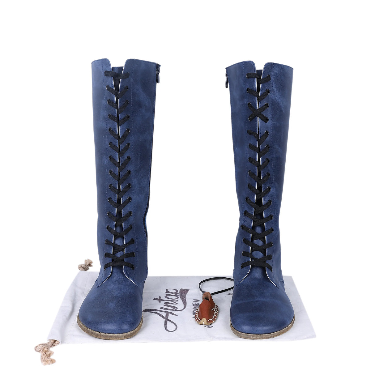Crazy Barefoot Laces Knee Boots Shoes – Classic Sole — Leather Sole – Navy Blue