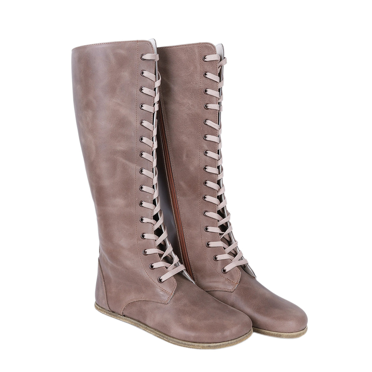 Crazy Barefoot Laces Knee Boots Shoes – Classic Sole — Leather Sole – Beige Bizon