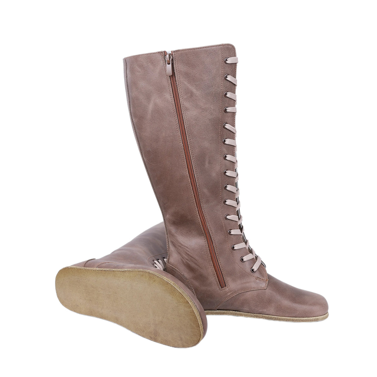 Crazy Barefoot Laces Knee Boots Shoes – Classic Sole — Leather Sole – Beige Bizon
