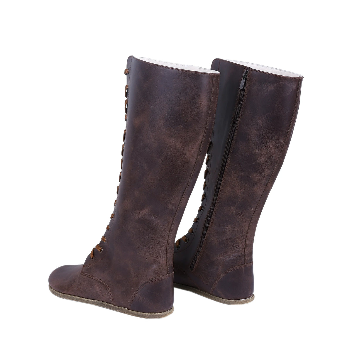 Crazy Barefoot Laces Knee Boots Shoes – Classic Sole — Leather Sole – Dark Brown