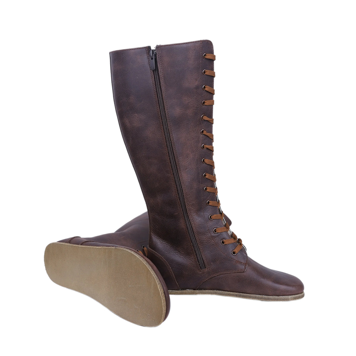 Crazy Barefoot Laces Knee Boots Shoes – Classic Sole — Leather Sole – Dark Brown
