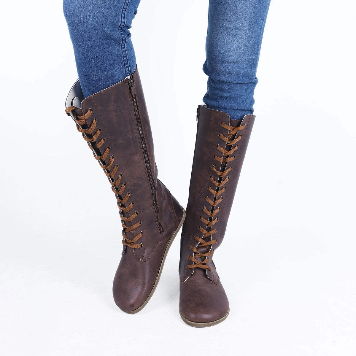 Crazy Barefoot Laces Knee Boots Shoes – Classic Sole — Leather Sole – Dark Brown