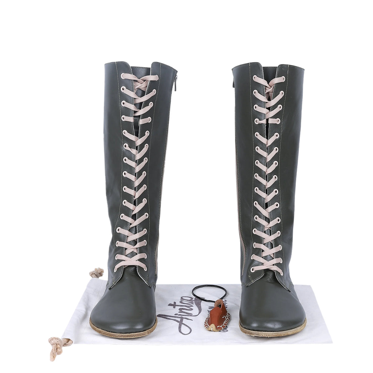 Smooth Barefoot Laces Knee Boots Shoes – Classic Sole — Leather Sole – Olive Green