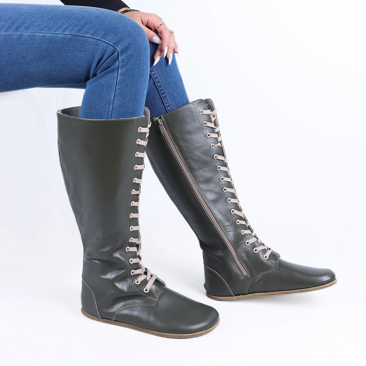 Smooth Barefoot Laces Knee Boots Shoes – Classic Sole — Leather Sole – Olive Green