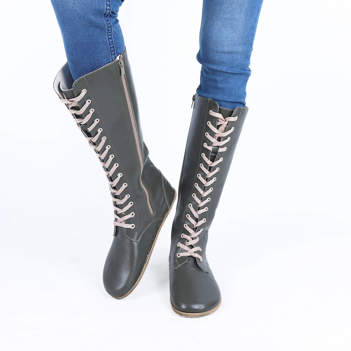 Smooth Barefoot Laces Knee Boots Shoes – Classic Sole — Leather Sole – Olive Green