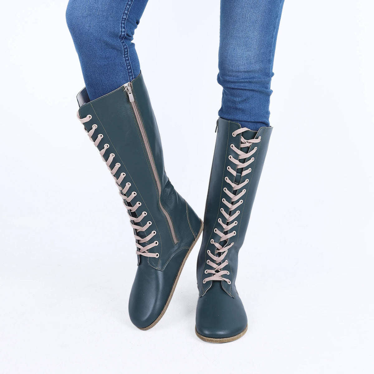Smooth Barefoot Laces Knee Boots Shoes – Classic Sole — Leather Sole – Green
