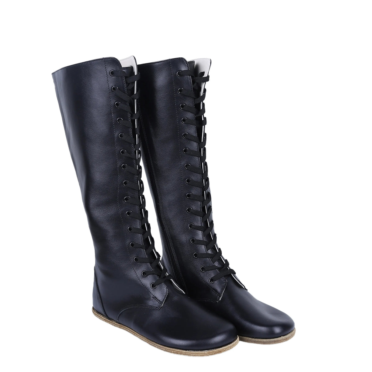 Smooth Barefoot Laces Knee Boots Shoes – Classic Sole — Leather Sole – Black