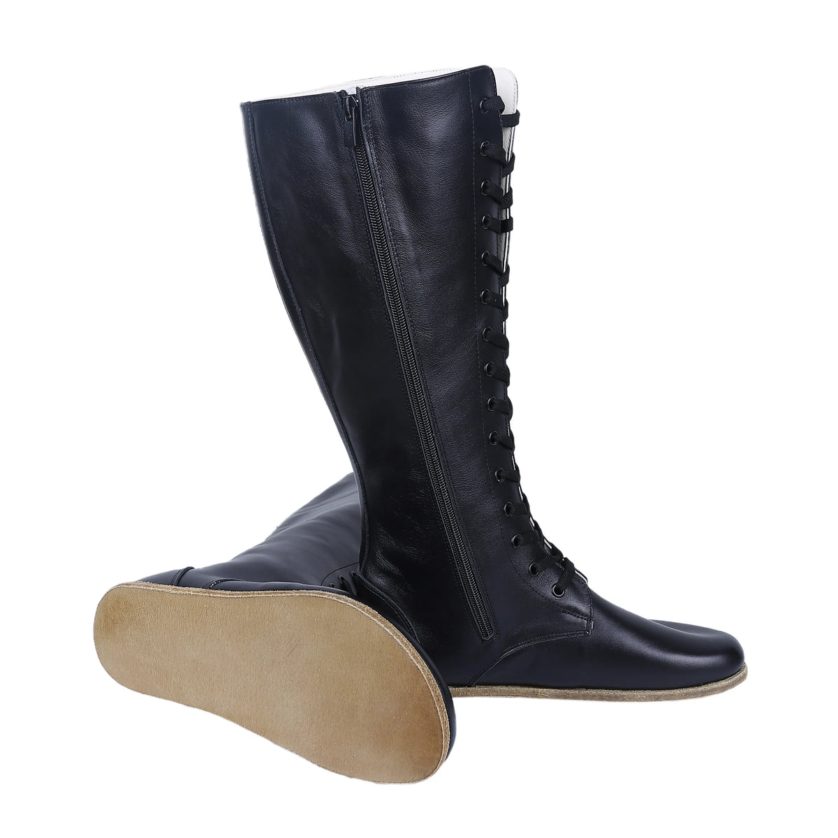Smooth Barefoot Laces Knee Boots Shoes – Classic Sole — Leather Sole – Black