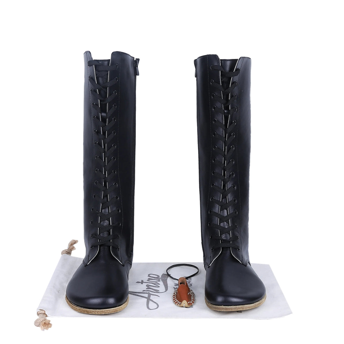 Smooth Barefoot Laces Knee Boots Shoes – Classic Sole — Leather Sole – Black