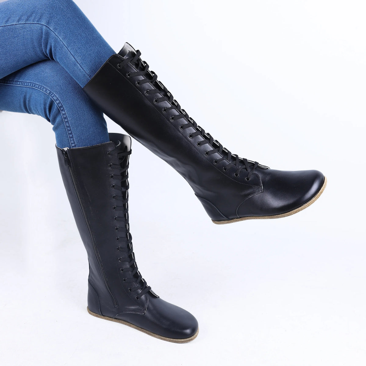 Smooth Barefoot Laces Knee Boots Shoes – Classic Sole — Leather Sole – Black