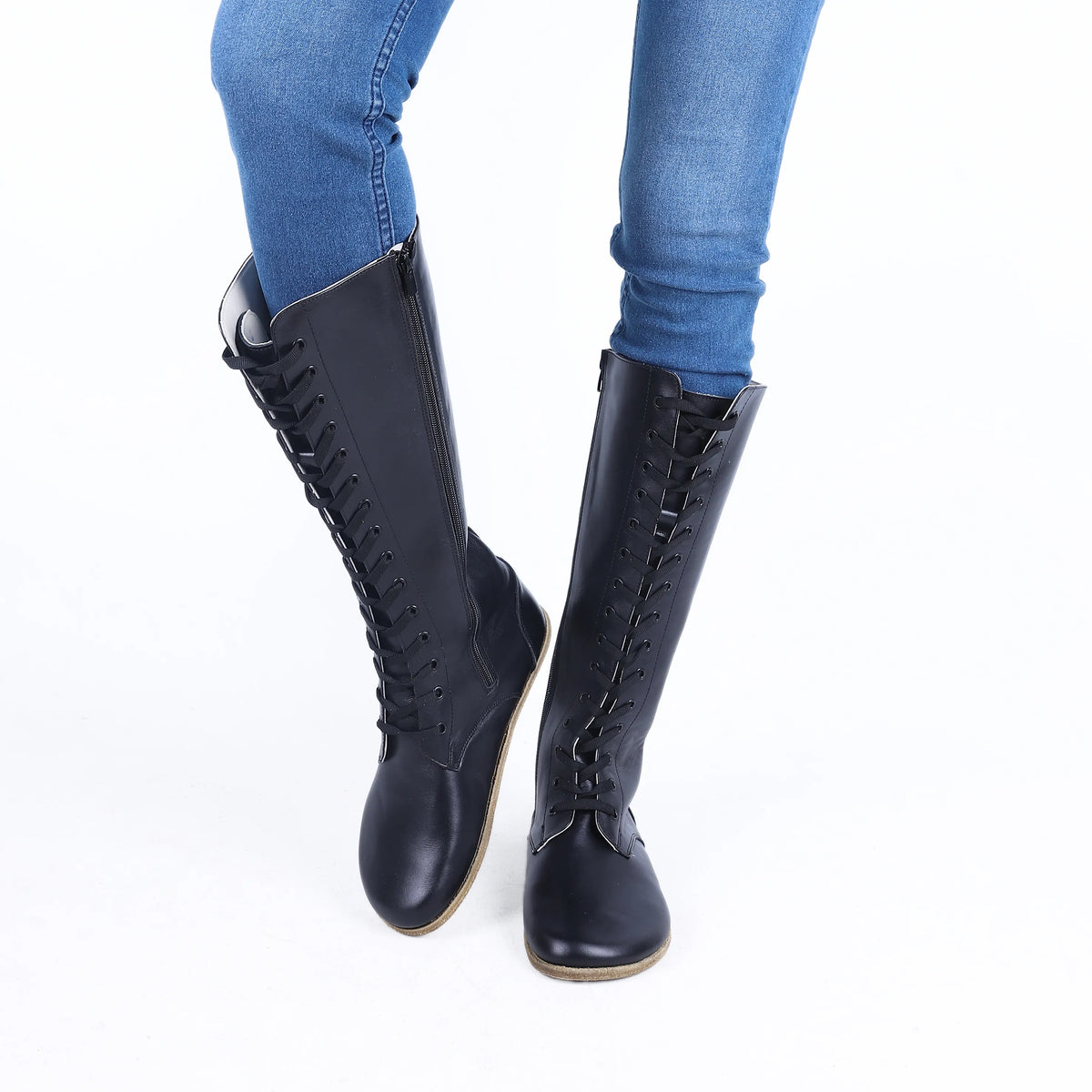 Smooth Barefoot Laces Knee Boots Shoes – Classic Sole — Leather Sole – Black