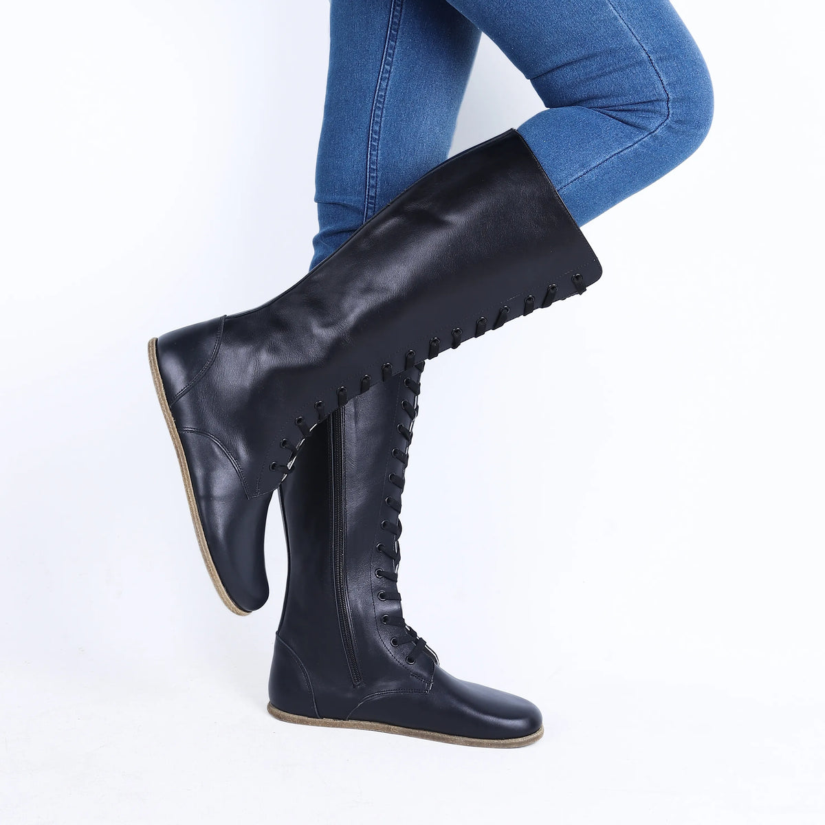 Smooth Barefoot Laces Knee Boots Shoes – Classic Sole — Leather Sole – Black