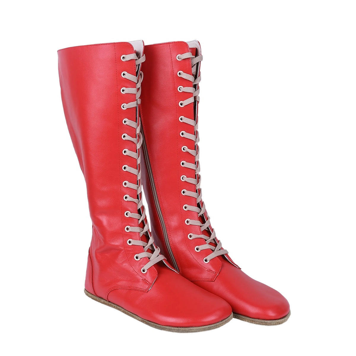 Smooth Barefoot Laces Knee Boots Shoes – Classic Sole — Leather Sole – Red