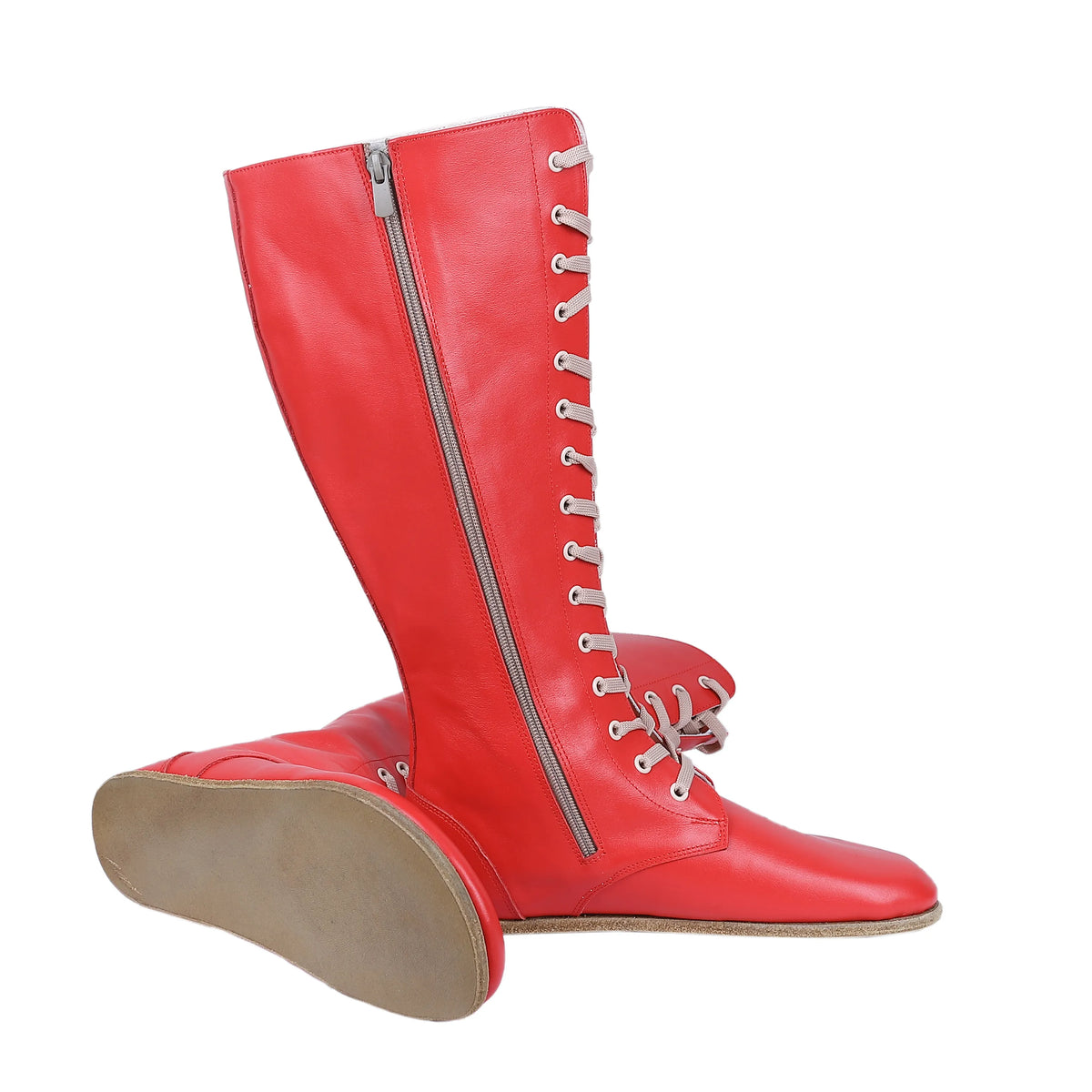 Smooth Barefoot Laces Knee Boots Shoes – Classic Sole — Leather Sole – Red
