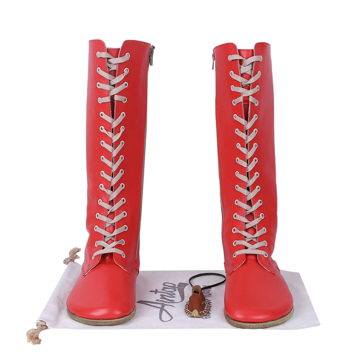 Smooth Barefoot Laces Knee Boots Shoes – Classic Sole — Leather Sole – Red
